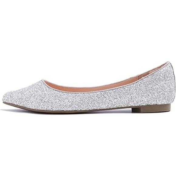 New Fever Sole Womens 7 Silver Glitter Pointed Toe Slip On Ballet Flat Shoes - Picture 3 of 5
